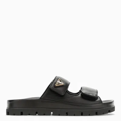 Prada Black Leather Slide With Triangle Logo In Brown