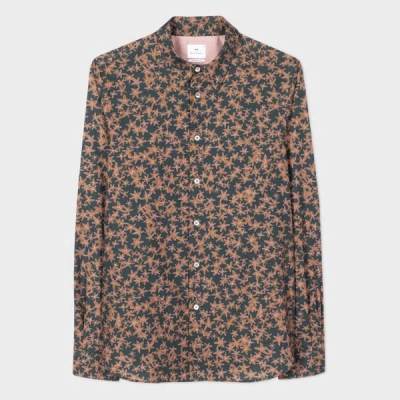 Ps By Paul Smith Tailored-fit Teal 'folk Floral' Shirt Blue In Brown