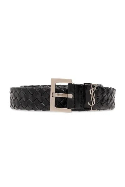 Saint Laurent Cassandre Logo Plaque Belt In Black