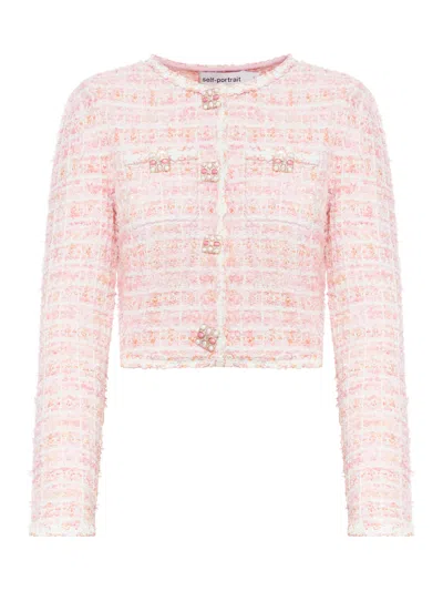 Self-portrait Embellished Checked Bouclé-knit Cardigan In Pink & Purple