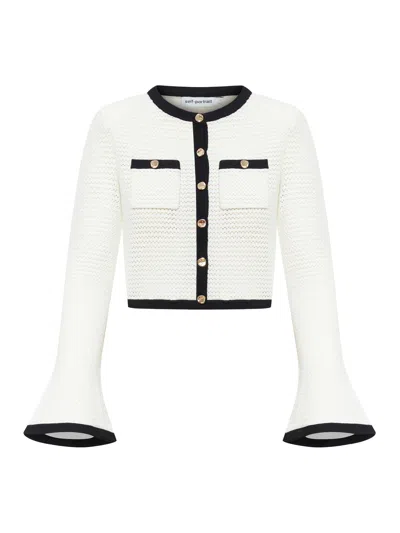 Self-portrait White Knit Cardigan With Contrasting Trim In Fabric Woman