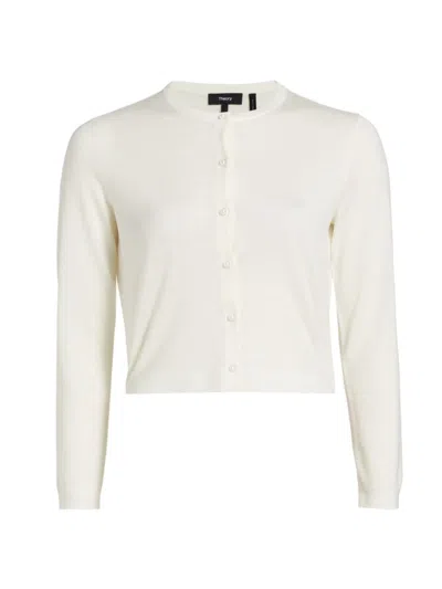 Theory Faux-pearl Button Cropped Wool Cardigan In New Ivory