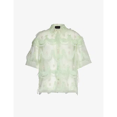 Simone Rocha Mens Mint Ruffle-embellished Relaxed-fit Mesh Shirt