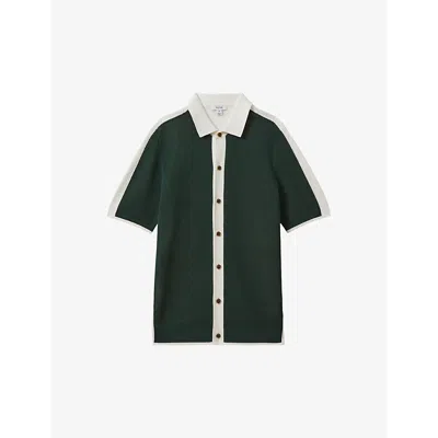 Reiss Misto - Green/optic White Cotton Blend Open Stitch Shirt, M