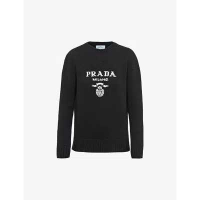 Prada Womens Black Logo-intarsia Cashmere And Wool-blend Sweater