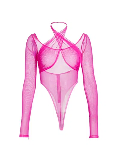 Laquan Smith Crossover Halter Neck Mesh Bodysuit In Fuschia