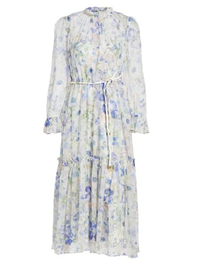 Zimmermann + Net Sustain Natura Belted Ruffled Floral-print Crepon Midi Dress In Blue