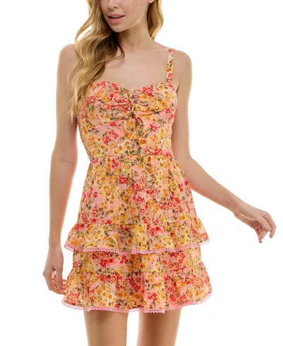 City Studios Juniors' Floral-print Lace-up Fit & Flare Dress In Pink,yello