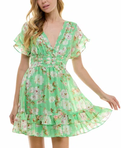 City Studios Juniors' Floral-print Ruffled Fit & Flare Dress In Green,blus