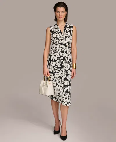 Donna Karan Women's Floral Print Gathered Sleeveless Midi Dress In Black Cream