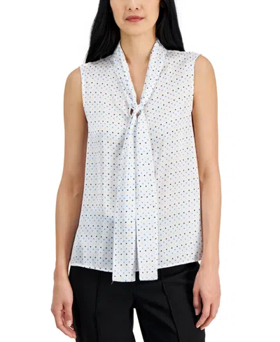 Anne Klein Women's Dot-print Scarf-neck Sleeveless Top In Bght Wht,s