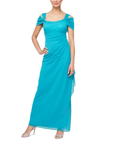 Alex Evenings Petite Cowlneck Cold-shoulder Chiffon Gown In Turquoise