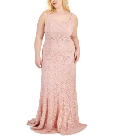 City Studios Trendy Plus Size Glitter Lace Gown In Blush Rose