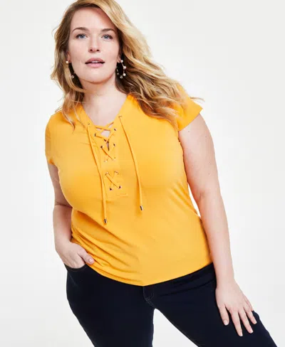Inc International Concepts Plus Size Lace-up-neck Short-sleeve Top, Created For Macy's In Mango Daquiri