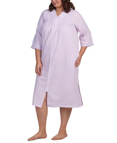 Miss Elaine Plus Size Checkered Long-sleeve Robe In Lilac,white Check