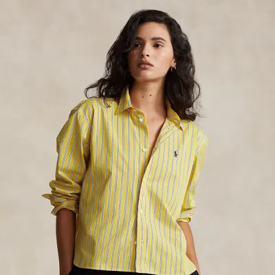 Polo Ralph Lauren Striped Cotton Shirt Woman Shirt Yellow Size L Cotton In Yellow White Blue