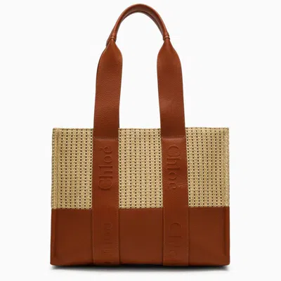 Chloé | Medium Caramel-coloured Woody Bag In Raffia-effect Fabric In Brown