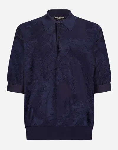 Dolce & Gabbana Floral-jacquard Silk-blend Polo Shirt In Blue