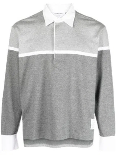 Thom Browne Long Sleeve Cotton Polo Shirt Grey In Gray