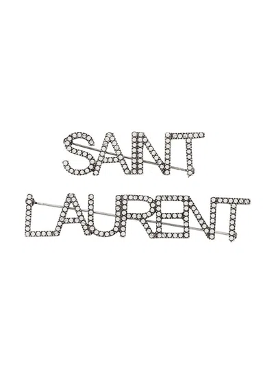 Saint Laurent Crystal-logo Brooch In Argent Oxyde Crystal