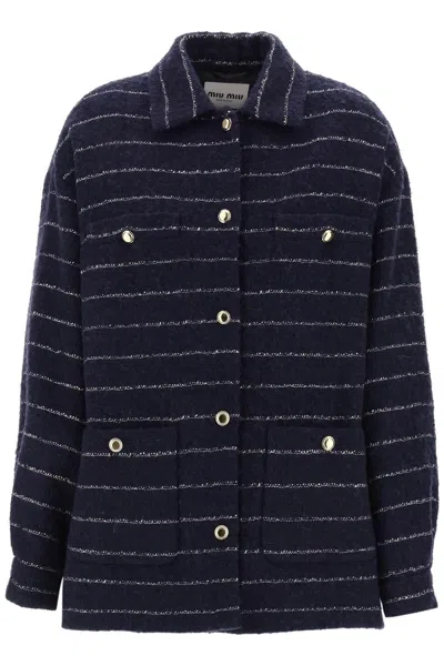 Miu Miu Blouson Jacket In Striped Boucle Wool In Blue
