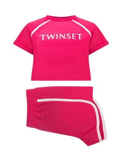 Twinset Kids' T-shirt And Shorts Set In Bic.lucent White/fuchsia Purple