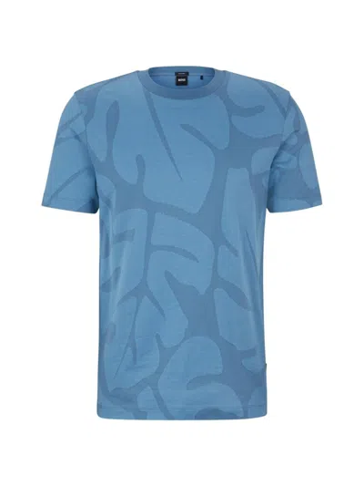 Hugo Boss Cotton T-shirt With Two-tone Monstera-leaf Pattern In Light Blue