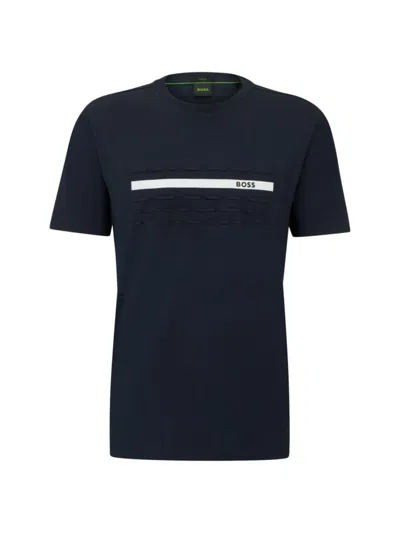 Hugo Boss Stretch-cotton Regular-fit T-shirt With Embossed Artwork In Dark Blue
