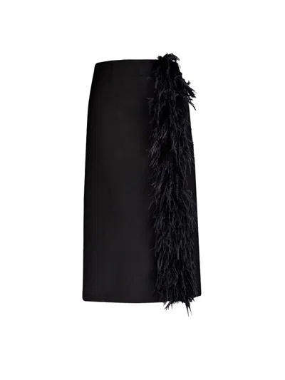 Prada Feather-trimmed Wool Midi-skirt In Black