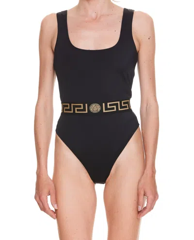 Versace La Greca Logo Swimsuit In Black