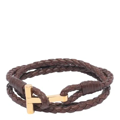 Tom Ford Logo Plaque Braided Bracelet In Brown