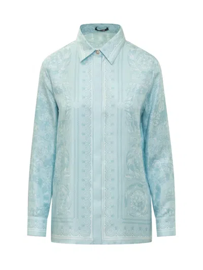 Versace Formal Shirt Silk Twill Fabric Baroque Print 92 In Blue