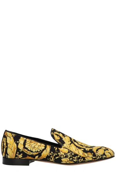 Versace Baroque Pattern Pointed Toe Loafers In Yellow