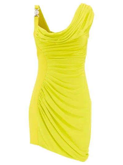 Versace Asymmetric Embellished Draped Jersey Mini Dress In Yellow
