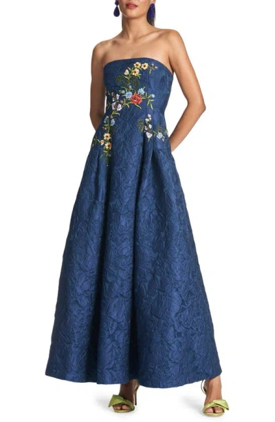 Sachin & Babi Belle Strapless Floral-embroidered A-line Gown In Midnight