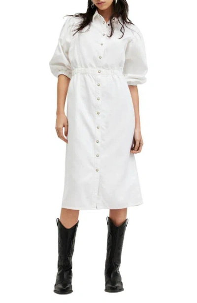Allsaints Womens Chalk White Osa Puff-sleeve Elasticated-waist Denim Midi Dress