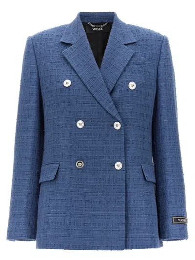 Versace Bouclè Tweed Blazer In Blue