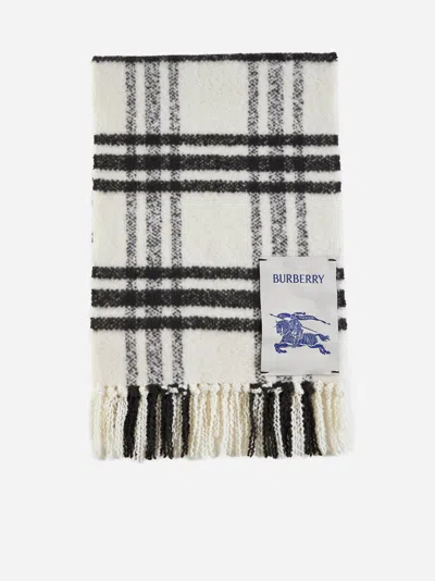 Burberry Check Wool Scarf In White/black
