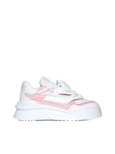 Versace Leather Trainers In White+english Rose