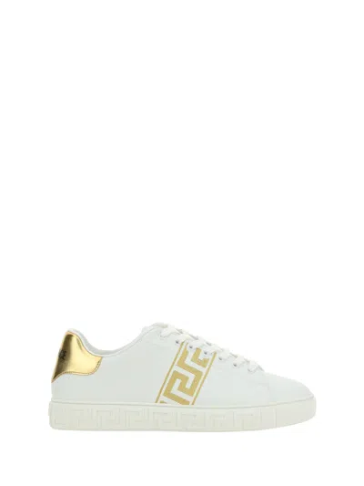 Versace Luxe Leather Low Top Trainers In White/gold