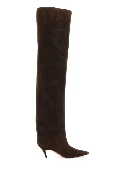 Amina Muaddi Fiona Suede Thigh-high Boots In Brown
