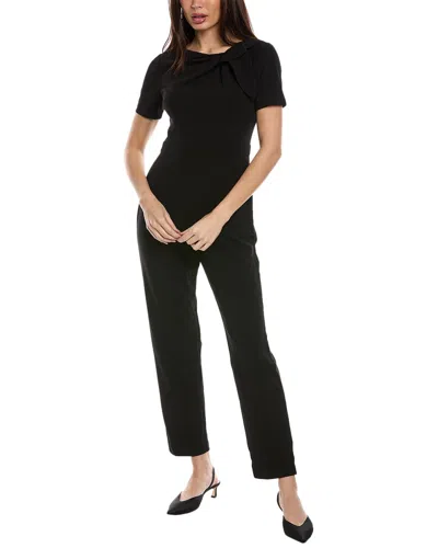 London Times Petite Short-sleeve Bow-neck Jumpsuit In Black