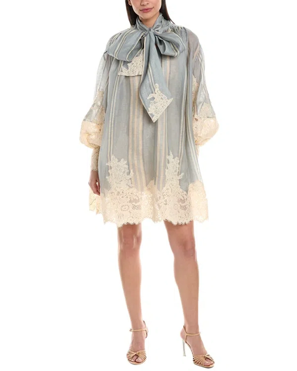 Zimmermann Floral Lace Detailed Puff Sleeved Dress In Blue | ModeSens