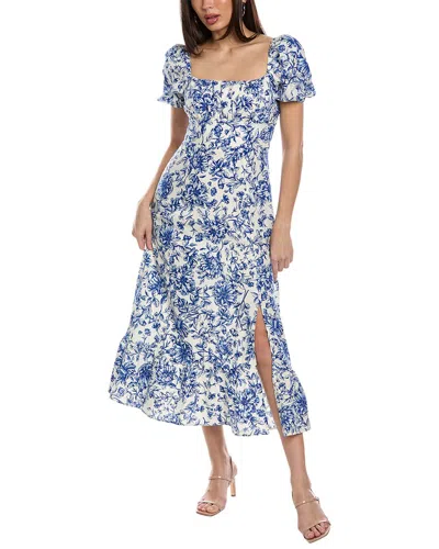 London Times Puff Sleeve Linen-blend Midi Dress In Blue