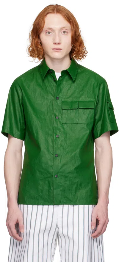 Ferragamo Man Coated Linen Utility Shirt In Forest Green