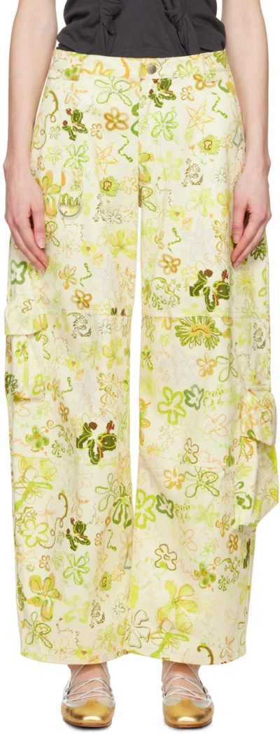 Collina Strada Yellow Lawn Cargo Pants In Gecko Doodle