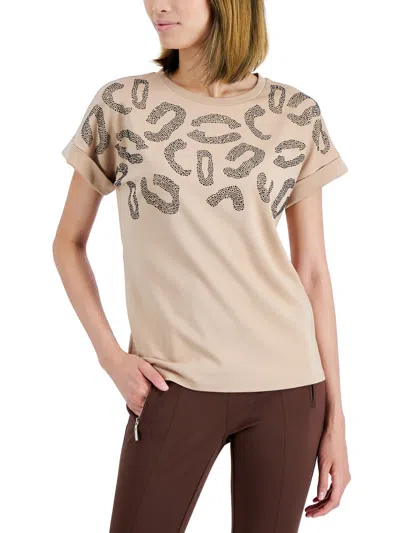 Anne Klein Plus Womens Sequined Animal Print Pullover Top In Beige