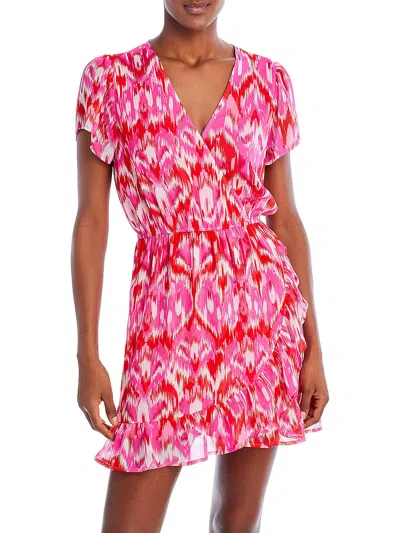 Aqua Ikat Womens Ruffled Mini Wrap Dress In Pink
