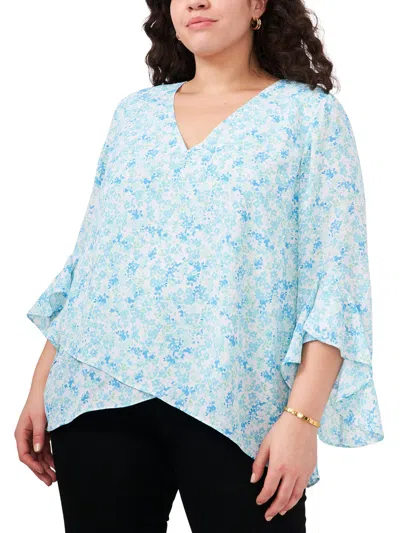 Vince Camuto Plus Womens Floral Print Butterfly Sleeve Blouse In Blue
