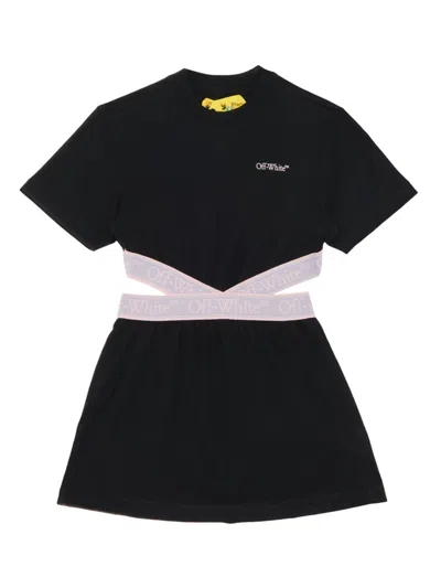 Off-white Kids' Bookish Logo-waistband Cotton Dress In Black Lilac